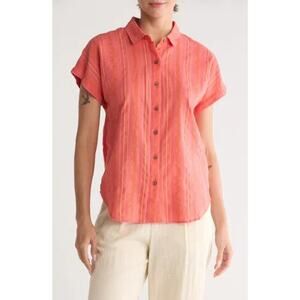 Marine Layer Dana Stripe Short Sleeve Button Up Shirt In Coral Stripe Size XS